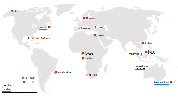 Conventional exploration and appraisal: Key wells 2015-2016 for Heartland and Frontier (world map)