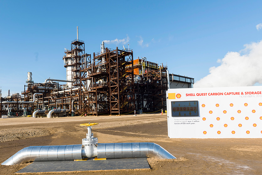 Quest Carbon Capture and Storage unit and ceremonialvalve in front of the site in, Scotford, Canada (photo)