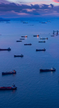 Around 35 ships moored in a oil tanker park at sea at dusk (photo)