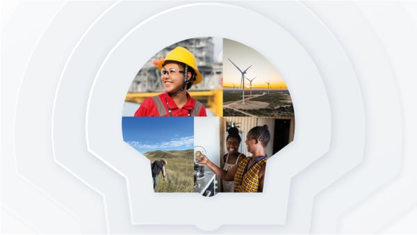 White Shell Pecten with four images inside a woman smiling wearing PPE; A wind turbine at sun rise; a mother and daughter cooking together; A man in a field of long grass (photo)