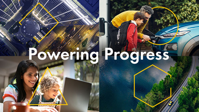 Montage of four images - aerial photo of skyscrapper at night; father and boy charging an electric car together; mother with young child sitting on her lap using laptop; aerial image of a car on a road through a forest next to a lake. (photo)