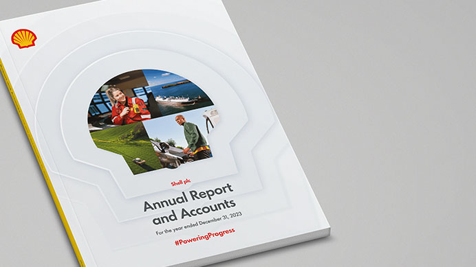  Shell Annual Report and Accounts 2023 book sitting on a desk (photo)